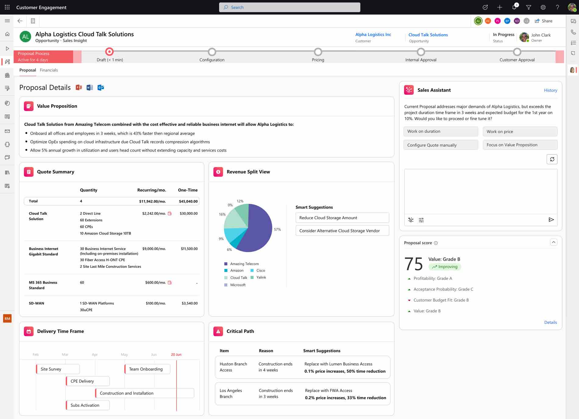 The contextual AI-centric agent interface of Amdocs CPQ  aiding in creating a proposal for an enterprise customer